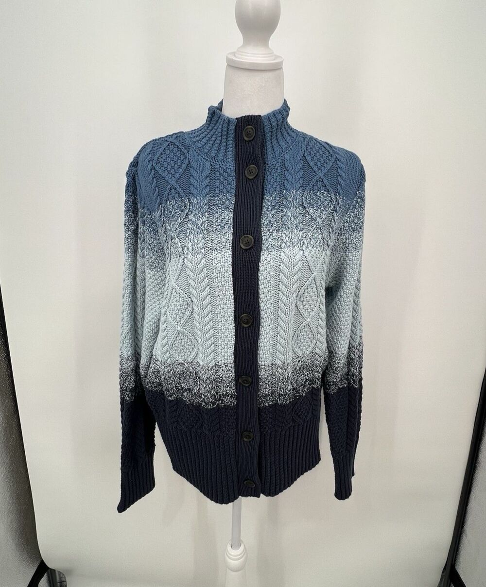 LL Bean Womens Cotton Fisherman Cardigan Sweater Cable Knit Size L Blue Buttons